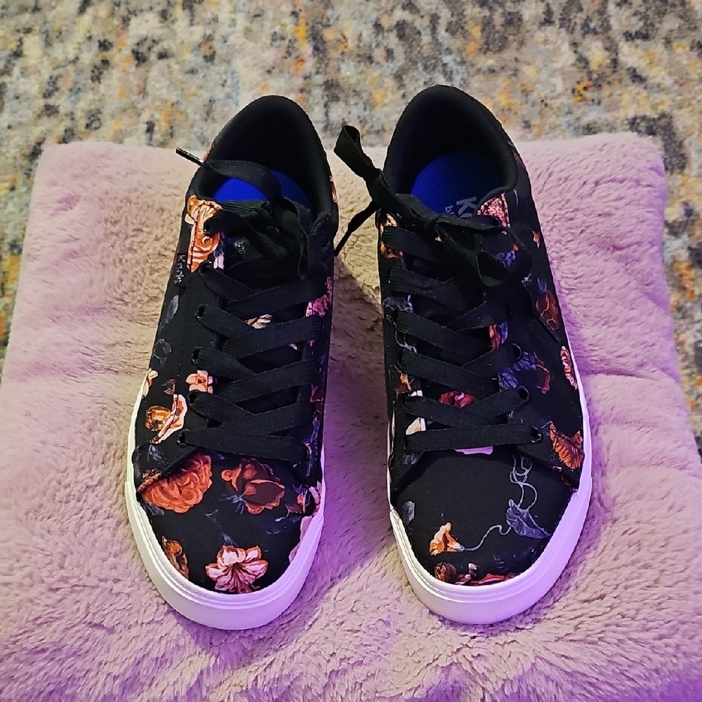 Keds Black Sneakers with Pink Floral Print and White Platform